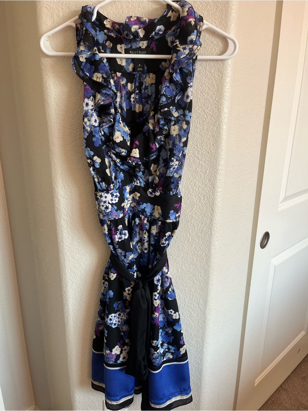 White House Black Market Black Floral Midi Dress with Blue, Cream & Purple Print